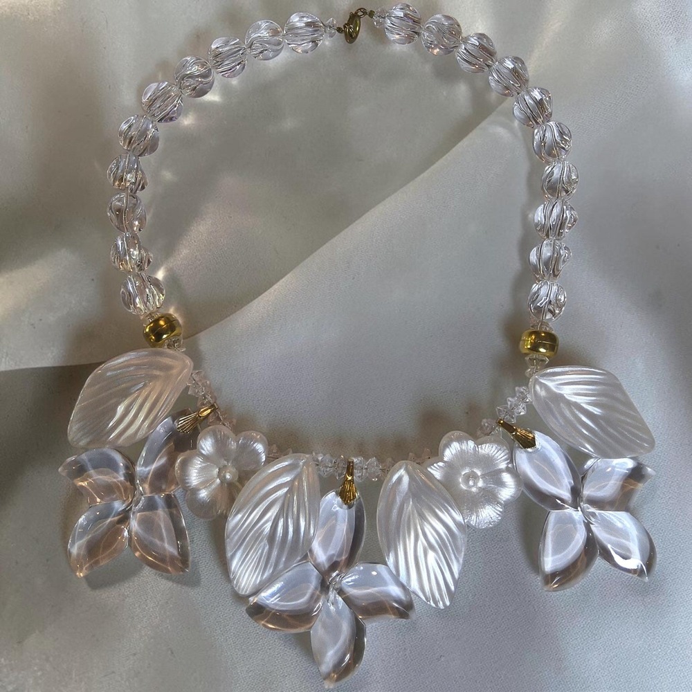Vintage White Lucite Floral Statement Necklace Pearlized Leaves Clear Flowers
